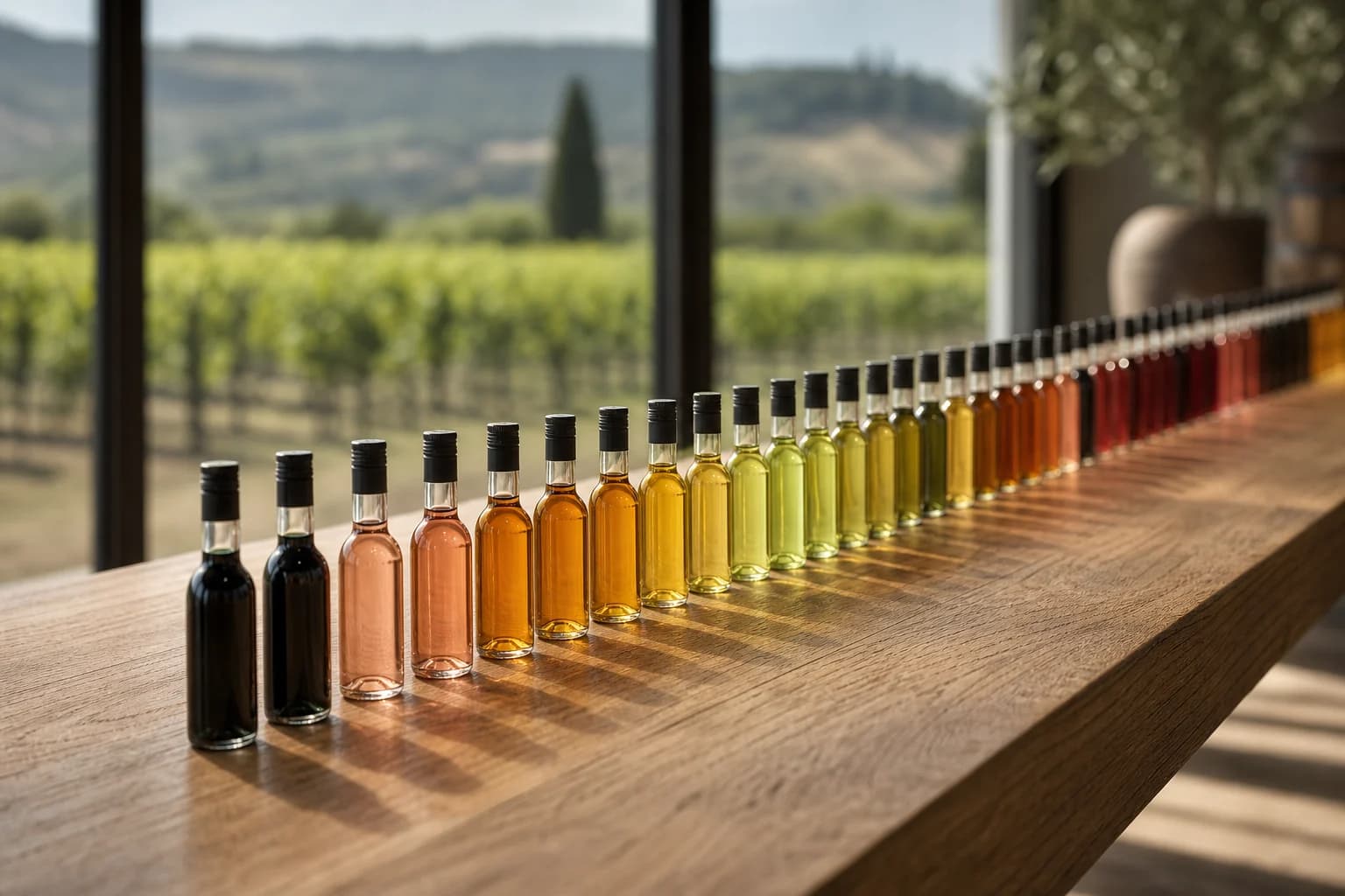 A graduated row of small-format wines, dark reds through pale whites, on an oak bench